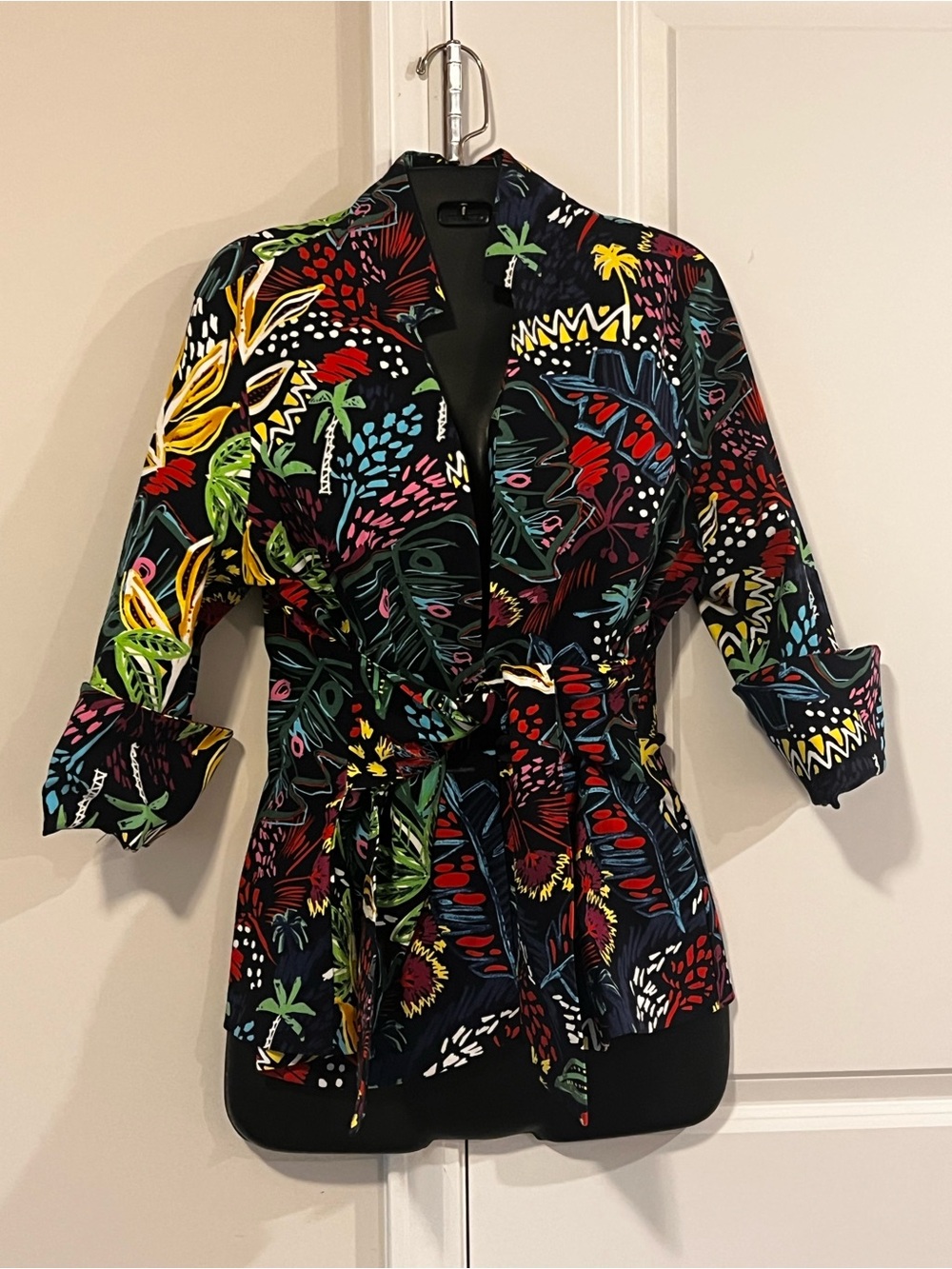 Bold Tropical Print Belted Blazer Jacket Multicolor Black Statement